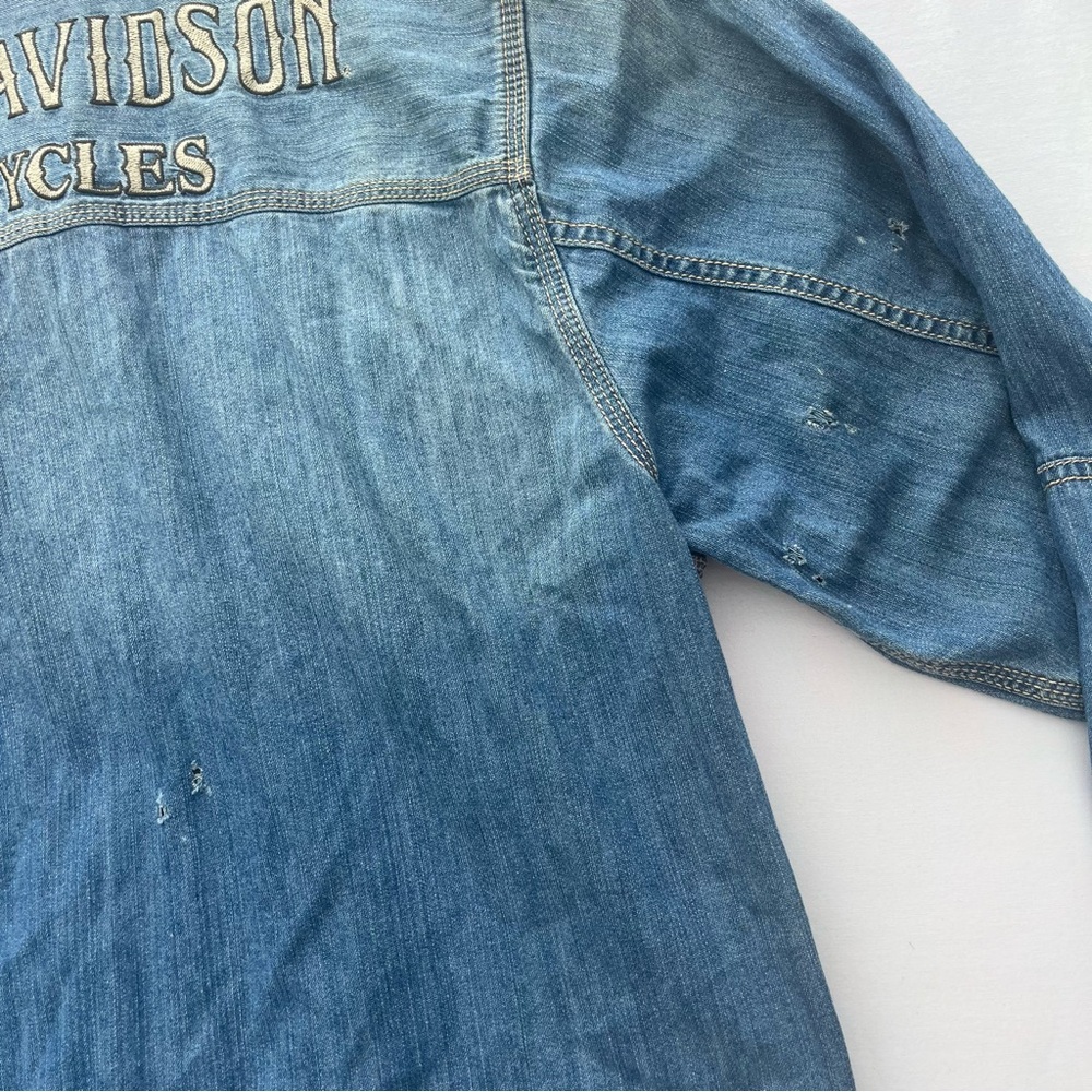 Harley‎ Davidson Denim Snap Shirt XL Embroidered Logo Biker Western Distressed - Picture 10 of 12